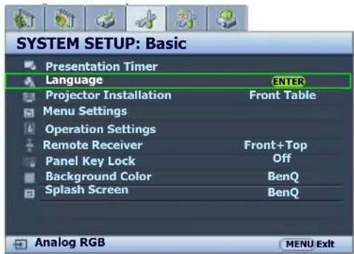 SYSTEM SETUP: Basic Presentation Timer Language ENTER Projector Installation Front Table Menu Settings Operation Settings Remote Receiver Front+Top Panel Key Lock Off Background Color BenQ Splash Screen BenQ Analog RGB MENU Exit