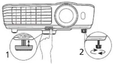 Diagram showing a projector with two labeled parts: one with a push button and another with a rotating button, illustrating the process of adjustment or usage.