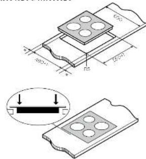 Technical diagram showing cross-sectional views of a mechanical component with labeled dimensions and an inset view of a rectangular component.