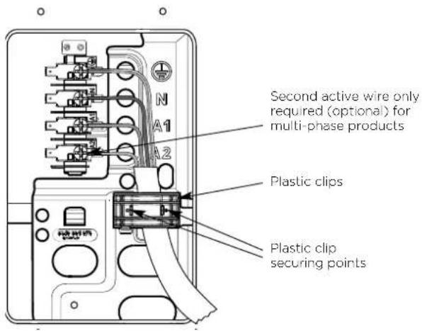 Second active wire only required (optional) for multi-phase products Plastic clips Plastic clip securing points