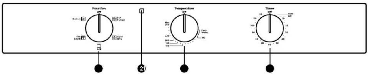Function Default Fan & Grill Open Fan Forced Light Only 21 Temperature Hot 240 220- 200- 180- Keep Warm 100 Timer Off 120 110 100 90 80 70 60 50 40 30 20 10 Power OFF 21