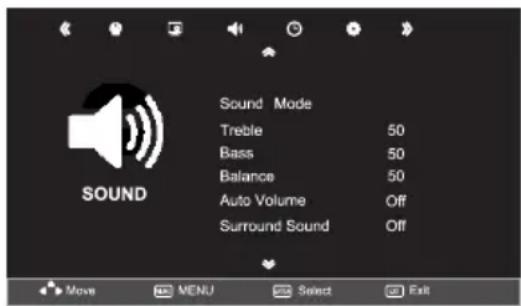 Sound Mode Treble 50 Bass 50 Balance 50 Auto Volume Off Surround Sound Off