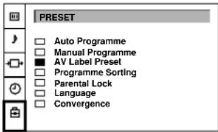 PRESET □ Auto Programme □ Manual Programme ■ AV Label Preset □ Programme Sorting □ Parental Lock □ Language □ Convergence