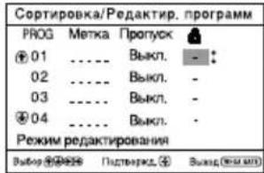 Сортировка/Редактир. программ PROG Метка Пропуск 01 ...... Выкл. - : 02 ...... Выкл. - 03 ...... Выкл. - 04 ...... Выкл. - Режим редактирования Выбор ⚫️ Падянград. ⚫️ Выск ⚫️