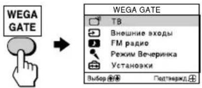 WEGA GATE → WEGA GATE TB Внешние входы FM радио Режим Вечеринка Установки Выбор ⚪️ Подтвержд.