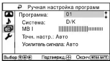 Ручная настройка программ Программа: 01 Система: D/K МВ I Точн. настр.: Авто Усилитель сигнала: Авто