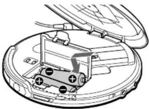 SONY D-VE45 - Insert two alkaline batteries by matching ⊕ to the diagram inside the battery compartment and close the lid until it clicks into place. - 1