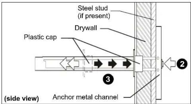 Steel stud (if present) Drywall Plastic cap Anchor metal channel (side view)