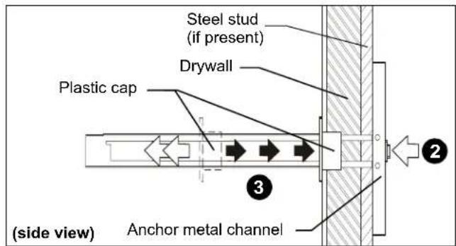 Steel stud (if present) Drywall Plastic cap Anchor metal channel (side view)