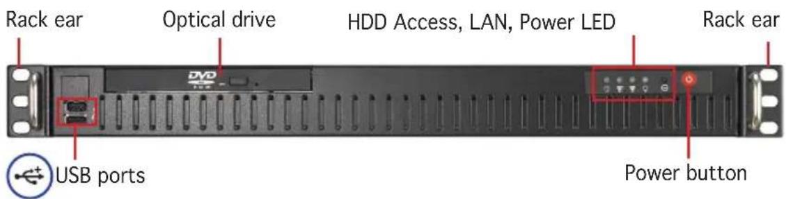 Rack ear Optical drive DVD Access, LAN, Power LED Rack ear USB ports Power button