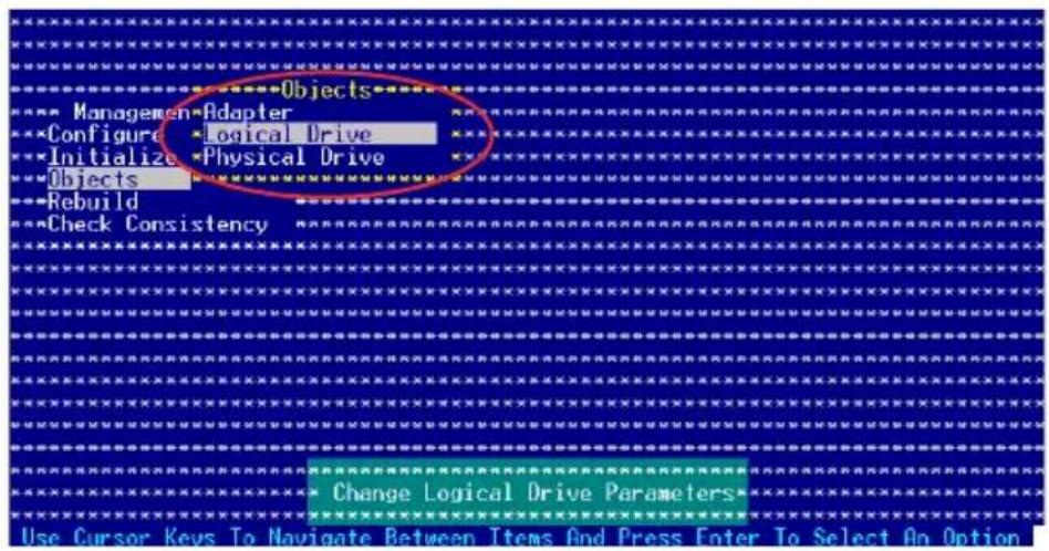Managemen Adapter Configure Logical Drive Initialize Physical Drive Objects Rebuild Check Consistency Change Logical Drive Parameters Use Cursor Keys To Navigate Between Items And Press Enter To Select An Option