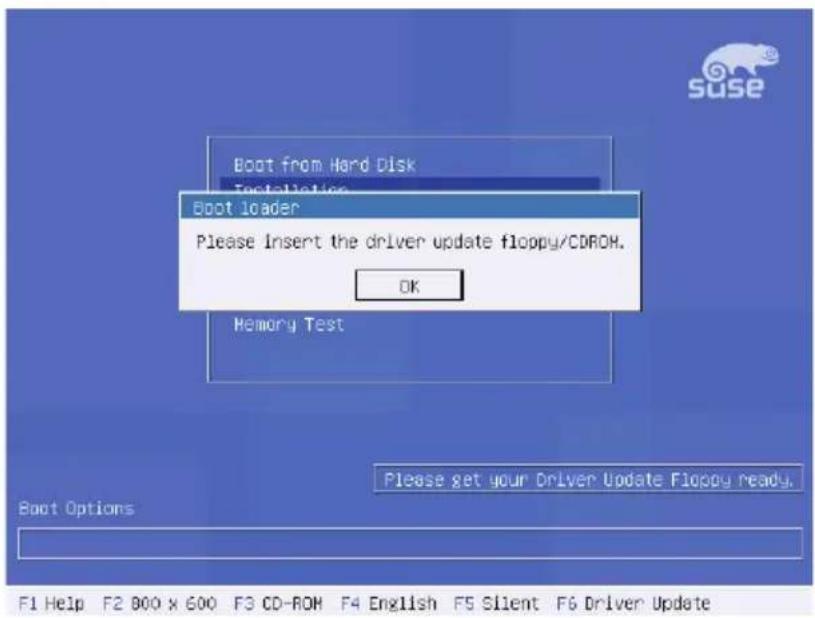 Boot from Hard Disk Installation Boot loader Please insert the driver update floppy/CDROH. OK Memory Test Please get your Driver Update Floppy ready. Boot Options F1 Help F2 800 x 600 F3 CD-ROM F4 English F5 Silent F6 Driver Update