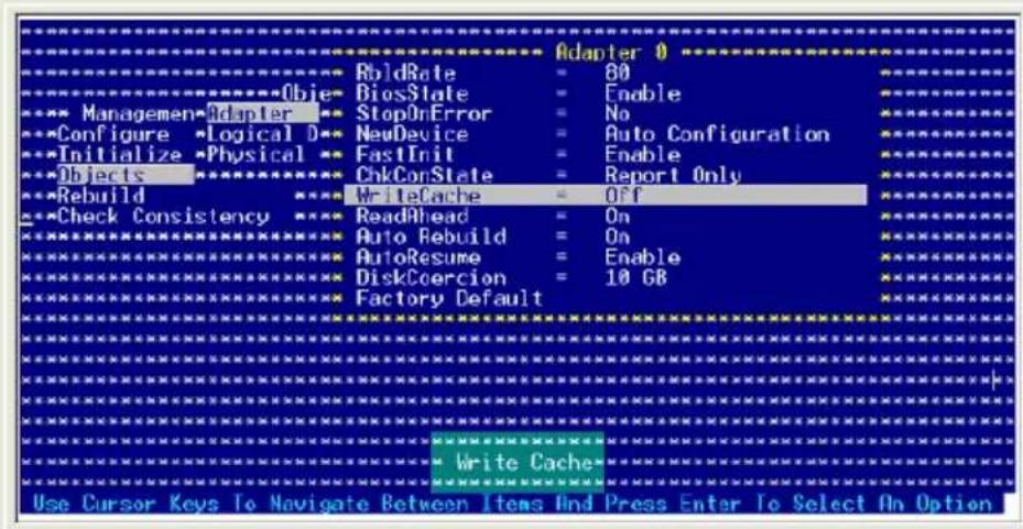 Adapter 0 BoldRate = 80 BiosState = Enable StopOnError = No Configure Logical D = NewDevice = Auto Configuration Initialize Physical = FastInit = Enable Objects = ChkConState = Report Only Rebuild = WriteCache = Off Check Consistency = ReadAhead = On Auto Rebuild = On AutoResume = Enable DiskCoercion = 10 GB Factory Default Write Cache Use Cursor Keys To Navigate Between Items And Press Enter To Select On Option