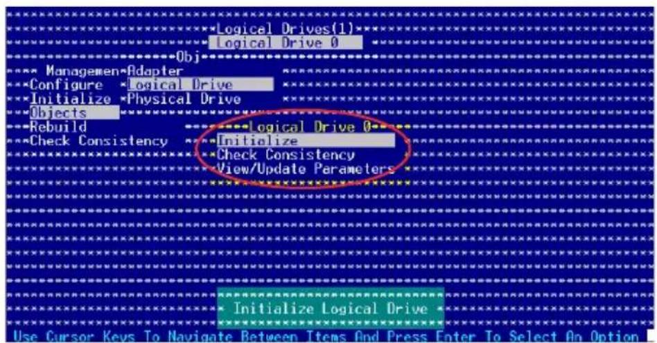 Logical Drives(1)** Logical Drive 0 Obj Management Adapter Configure *Logical Drive Initialize *Physical Drive Objects Rebuild Logical Drive 0 Check Consistency Initialize Check Consistency View/Update Parameters Initialize Logical Drive Use Cursor Keys To Navigate Between Items And Press Enter To Select An Option