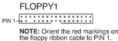 FLOPPY1 PIN 1 NOTE: Orient the red markings on the floppy ribbon cable to PIN 1.