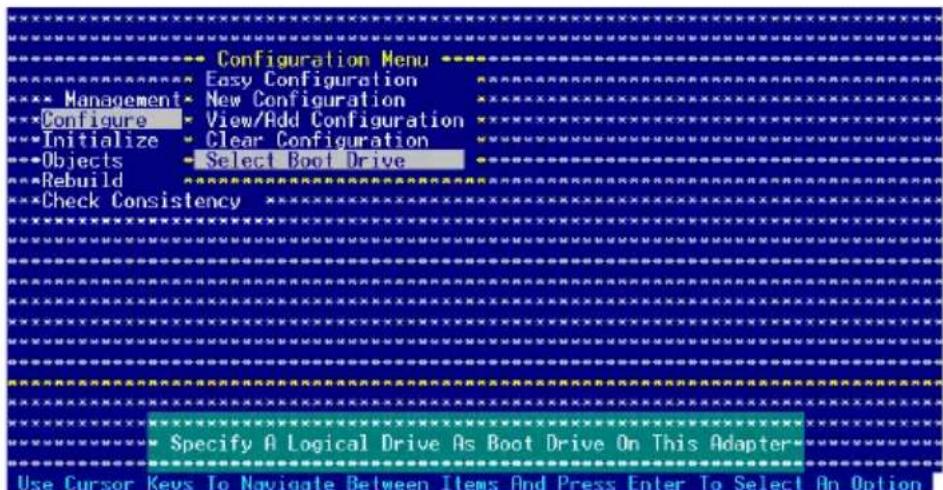 Configuration Menu Easy Configuration Management Configure View/Add Configuration Initialize Clear Configuration Objects Rebuild Select Boot Drive Check Consistency Specify A Logical Drive As Boot Drive On This Adapter Use Cursor Keys To Navigate Between Items And Press Enter To Select An Option