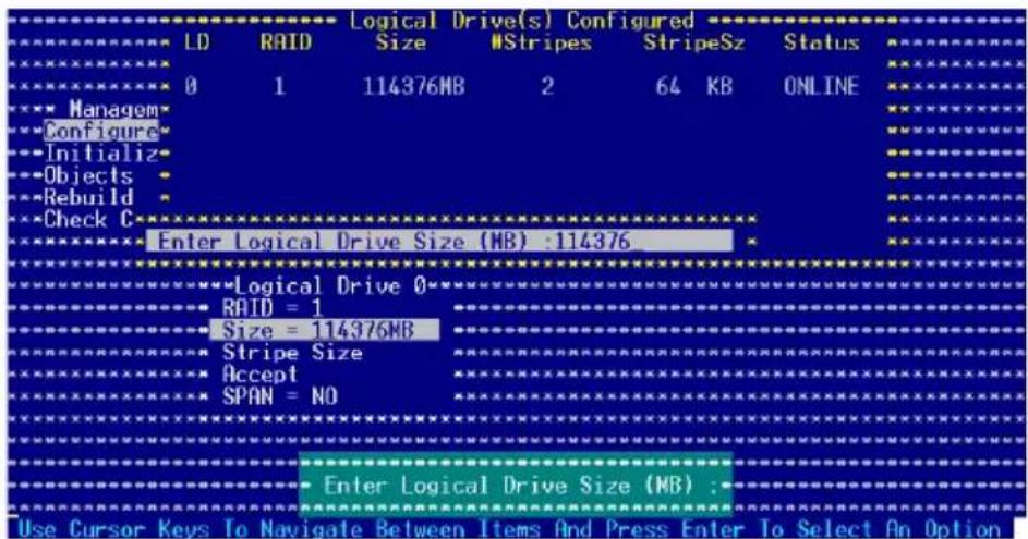 Logical Drive(s) Configured LD RAID Size #Stripes StripeSz Status 0 1 114376MB 2 64 KB ONLINE Managem Configure Initializ Objects Rebuild Check C Enter Logical Drive Size (MB) :114376 Logical Drive 0 RAID = 1 Size = 114376MB Stripe Size Accept SPAN = NO Enter Logical Drive Size (MB) : Use Cursor Keys To Navigate Between Items And Press Enter To Select An Option