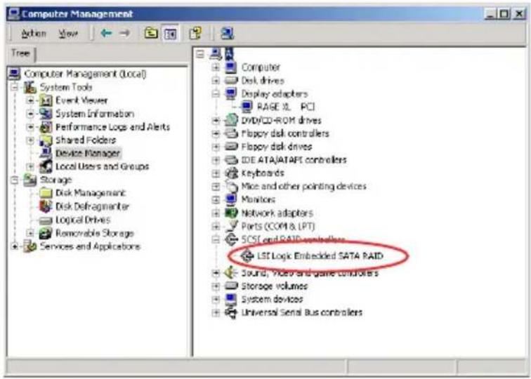 Computer Management Action View Tree Computer Management (Local) System Tools Event Viewer System Information Performance Logs and Alerts Shared Folders Device Manager Local Users and Groups Storage Disk Management Disk Defragmenter Logical Drives Removable Storage Services and Applicators Computer Disk drives Display adapters RAKE XL PCI DVD/CD-ROM drives Floppy disk controllers Floppy disk drives IDE ATA/ATAPT controllers Keyboards Mice and other pointing devices Monitors Network adapters Ports (COM1 & LPT) SCS1 and RAID controllers LST Logic Embedded SATA RAID Sound, Video and Game controllers Storage volumes System devices Universal Serial Bus controllers