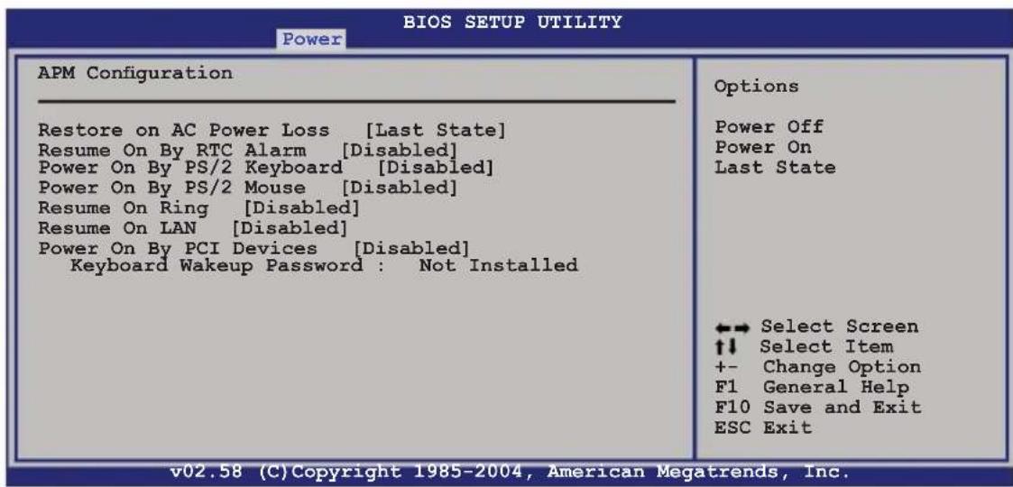 BIOS SETUP UTILITY Power APM Configuration Restore on AC Power Loss [Last State] Resume On By RTC Alarm [Disabled] Power On By PS/2 Keyboard [Disabled] Power On By PS/2 Mouse [Disabled] Resume On Ring [Disabled] Resume On LAN [Disabled] Power On By PCI Devices [Disabled] Keyboard Wakeup Password : Not Installed Options Power Off Power On Last State ←→ Select Screen ↑↓ Select Item +- Change Option F1 General Help F10 Save and Exit ESC Exit v02.58 (C)Copyright 1985-2004, American Megatrends, Inc.