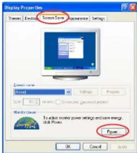 Display Properties Themes Desktop Screen Screen Appearance Settings Screen cover [None] Settings Progress Start 10 minutes One minute, password protect Monitor cover To adjust monitor power settings and save energy. click Power. Power OK Cancel Apply