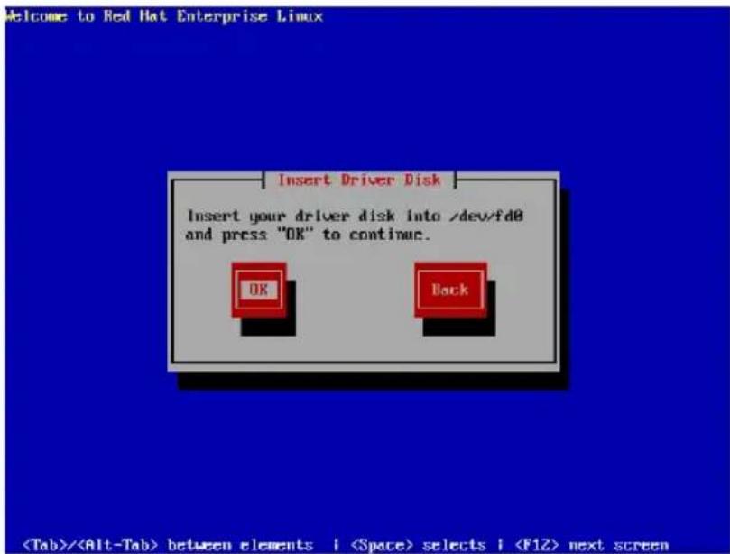 Welcome to Red Hat Enterprise Linux Insert Driver Disk Insert your driver disk into /dev/fd0 and press "OK" to continue. OK Back / between elements | selects | next screen