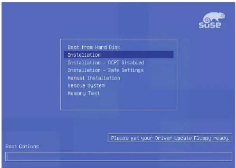 Boot from Hard Disk Installation Installation - ACPI Disabled Installation - Safe Settings Manual Installation Rescue System Memory Test Please get your Driver Update Floppy ready. Boot Options