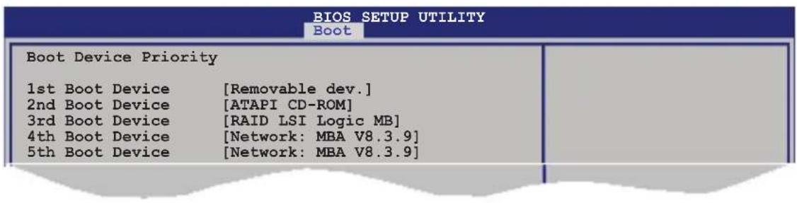 BIOS SETUP UTILITY Boot Boot Device Priority 1st Boot Device [Removable dev.] 2nd Boot Device [ATAPI CD-ROM] 3rd Boot Device [RAID LSI Logic MB] 4th Boot Device [Network: MBA V8.3.9] 5th Boot Device [Network: MBA V8.3.9]