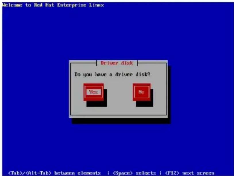 Welcome to Red Hat Enterprise Linux Driver disk Do you have a driver disk? Yes No / between elements | selects | next screen