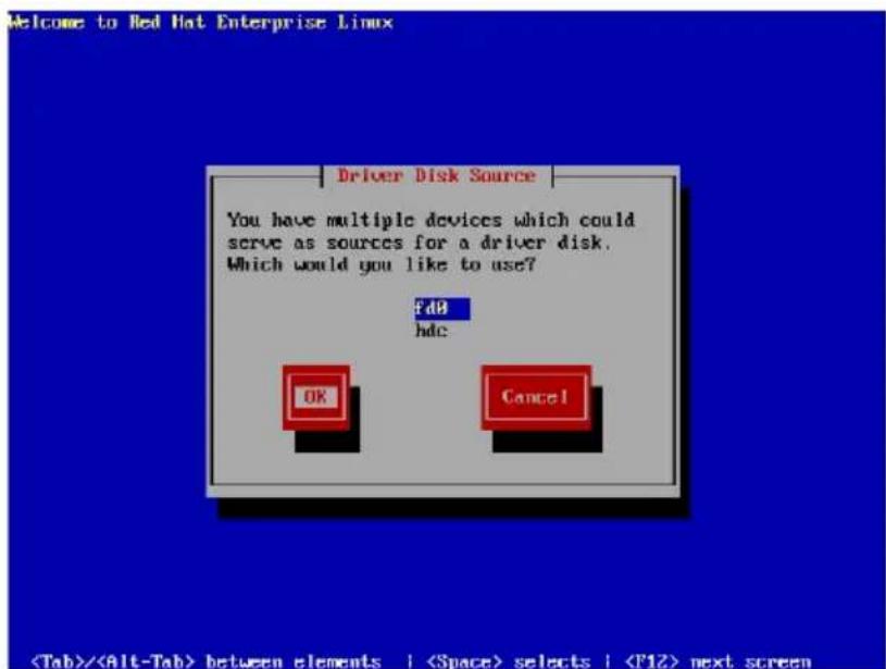 Welcome to Red Hat Enterprise Linux Driver Disk Source You have multiple devices which could serve as sources for a driver disk. Which would you like to use? FAB hdc OK Cancel / between elements | selects | next screen