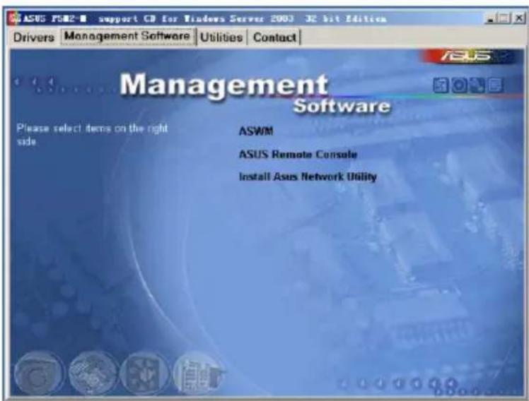 ASUS FSB2-8 support CD for Windows Server 2003 JX bit Edition Drivers Management Software Utilities Contact Management Software Please select items on the right side ASWM ASUS Remote Console Install Asus Network Utility
