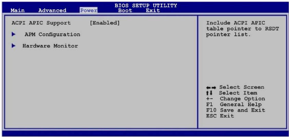 Main Advanced Power BIOS SETUP UTILITY Boot Exit ACPI APIC Support [Enabled] ► APM Configuration ► Hardware Monitor Include ACPI APIC table pointer to RSDT pointer list. ←→ Select Screen ↑↓ Select Item +- Change Option F1 General Help F10 Save and Exit ESC Exit