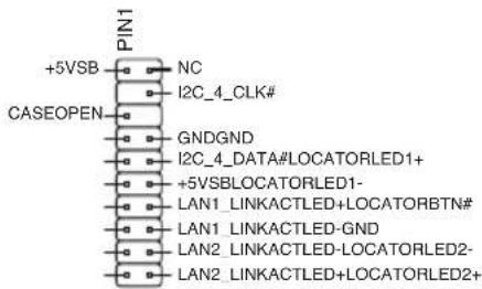 PIN1 +5VSB NC I2C_4_CLK# CASEOPEN GNDGND I2C_4_DATA#LOCATORLED1+ +5VSBLOCATORLED1- LAN1_LINKACTLED+LOCATORBTN# LAN1_LINKACTLED-GND LAN2_LINKACTLED-LOCATORLED2- LAN2_LINKACTLED+LOCATORLED2+