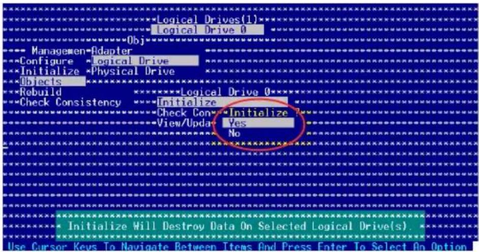 Logical Drives(1)** Logical Drive 0 Managemen-Adapter Configure Logical Drive Initialize Physical Drive Objects Rebuild Logical Drive 0 Check Consistency Initialize Check Con-Initialize View/Update Yes No Initialize Will Destroy Data On Selected Logical Drive(s).