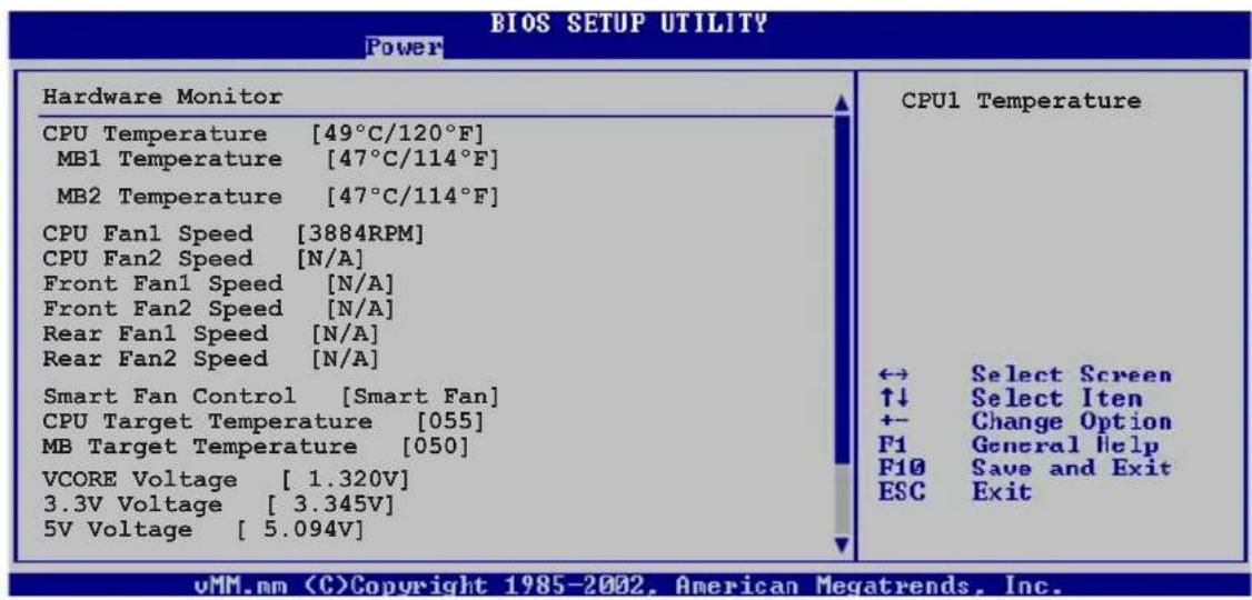 BIOS SETUP UTILITY Power Hardware Monitor CPU Temperature [49°C/120°F] MB1 Temperature [47°C/114°F] MB2 Temperature [47°C/114°F] CPU Fan1 Speed [3884RPM] CPU Fan2 Speed [N/A] Front Fan1 Speed [N/A] Front Fan2 Speed [N/A] Rear Fan1 Speed [N/A] Rear Fan2 Speed [N/A] Smart Fan Control [Smart Fan] CPU Target Temperature [055] MB Target Temperature [050] VCORE Voltage [ 1.320V] 3.3V Voltage [ 3.345V] 5V Voltage [ 5.094V] CPU1 Temperature ↔ Select Screen ↑↓ Select Iten +- Change Option F1 General Help F10 Save and Exit ESC Exit vMM.mm Copyright 1985-2002, American Megatrends, Inc.