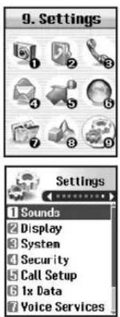 9. Settings 1 Sounds 2 Display 3 System 4 Security 5 Call Setup 6 1x Data 7 Voice Services