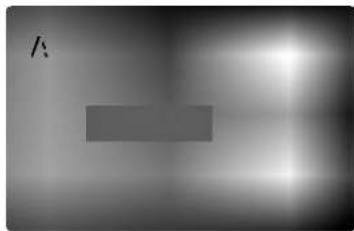 Abstract grayscale gradient image with a single white 'A' in the top-left corner and a gray rectangle in the bottom-right (no text or symbols)