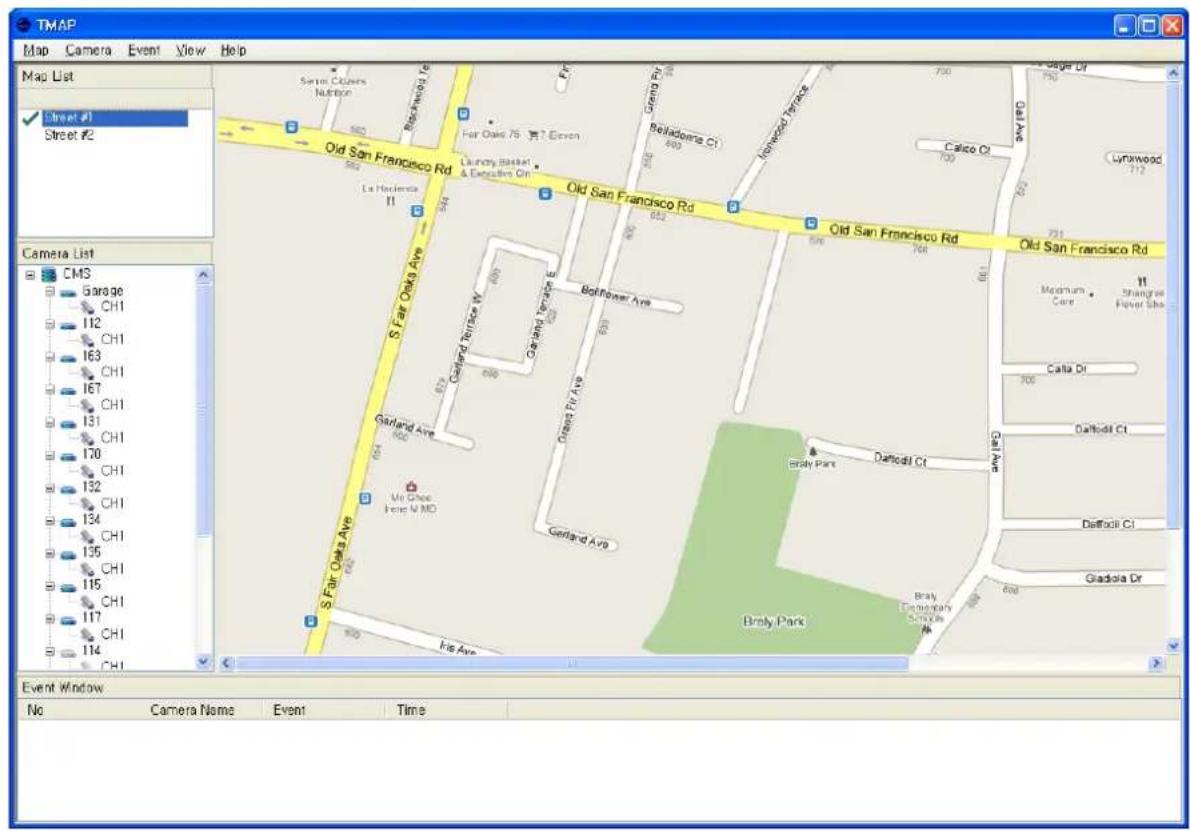 TMAP Map Camera Event View Help Map List Street #1 Street #2 Camera List CMS Garage CH1 112 CH1 163 CH1 167 CH1 131 CH1 170 CH1 132 CH1 134 CH1 135 CH1 115 CH1 117 CH1 114 CH1 Old San Francisco Rd La Hadenia II S Far Oaka Ave Garland Terrace W Garland Terrace E Garland Ave W Gleech Ireng M MO S Fair Oaka Ave Kis Ave Grang Piv Beladona Ct Bolfflower Ave Grang Piv Ave Grang Avp Grang Avp Old San Francisco Rd Old San Francisco Rd Old San Francisco Rd Medium Core Strangee Flower Site Calla Dr. Dallodil Ct. Dallodil Ct. Giadola Dr. Brady Park Brady Demogran Shrockm St. Box Event Window No Camera Name Event Time