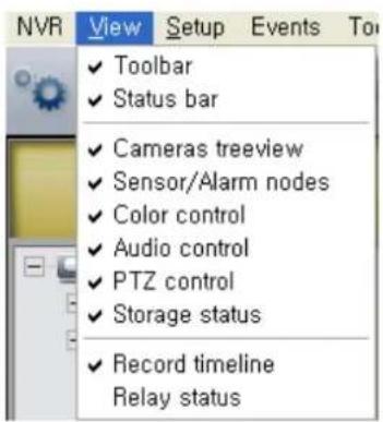 NVR View Setup Events To ✓ Toolbar ✓ Status bar ✓ Cameras treeview ✓ Sensor/Alarm nodes ✓ Color control ✓ Audio control ✓ PTZ control ✓ Storage status ✓ Record timeline Relay status