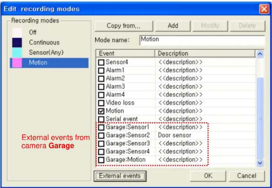 Edit recording modes Recording modes Off Continuous Sensor(Any) Motion Copy from... Add Modify Delete Mode name: Motion Event Description Sensor4 <> Alarm1 <> Alarm2 <> Alarm3 <> Alarm4 <> Video loss <> Motion <> Serial event <> Garage:Sensor1 <> Garage:Sensor2 Door sensor Garage:Sensor3 <> Garage:Sensor4 <> Garage:Motion <> External events from camera Garage External events OK Cancel