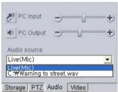PC Input PC Output Audio source Live(Mic) Live(Mic) C:WW Warning to street.wav Storage PTZ Audio Video