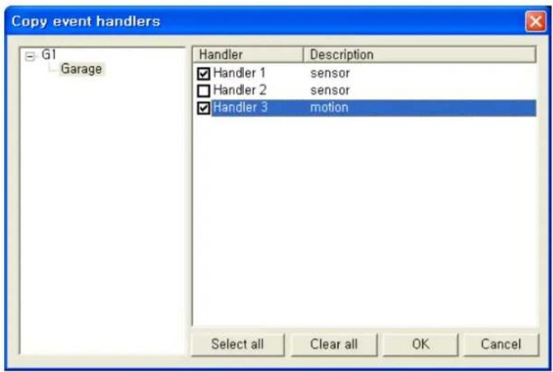 Copy event handlers G1 Garage Handler Description Handler 1 sensor Handler 2 sensor Handler 3 motion Select all Clear all OK Cancel