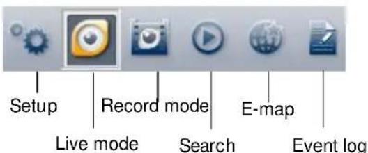 Setup Record mode E-map Live mode Search Event log