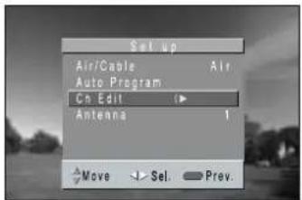 Set up Air/Cable Air Auto Program Ch Edit Antenna 1 Move Sel Prev.
