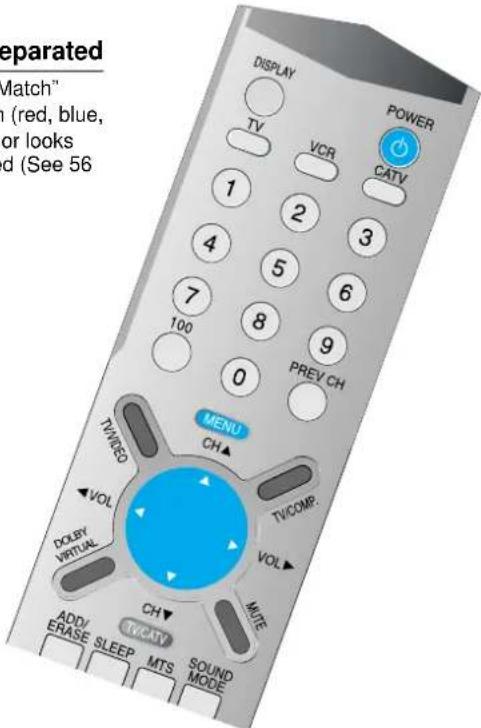 separated "Match" ( red, blue, or looks d (See 56 DISPLAY TV VCR POWER CATV 1 2 3 4 5 6 7 8 9 100 PREV CH 0 MENU CH▲ TWICO VOL DVOL VIRTUAL DH▼ TVCAIV ADD/ ERASE SLEEP MTS SOUND MODE