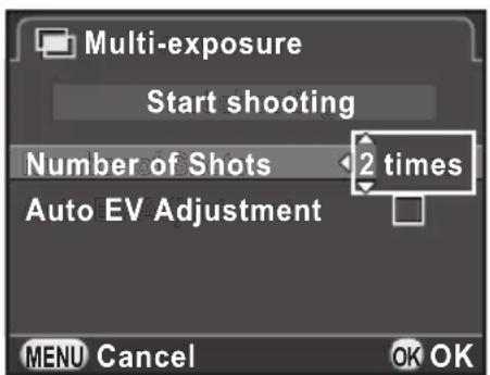 Multi-exposure Start shooting Number of Shots 2 times Auto EV Adjustment MENU Cancel OK OK