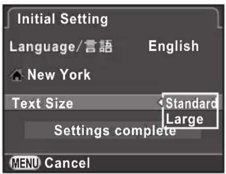 Initial Setting Language/言語 English New York Text Size Standard Large Settings complete MENU Cancel