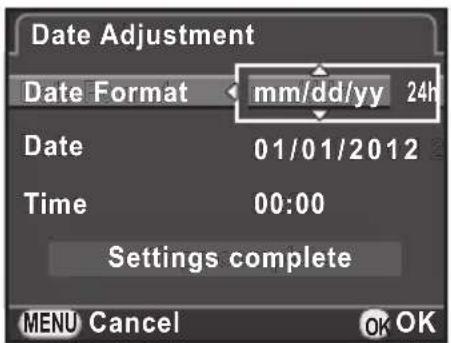 Date Adjustment Date Format mm/dd/yy 24h Date 01/01/2012 Time 00:00 Settings complete MENU Cancel OK OK