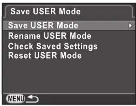 Save USER Mode Save USER Mode Rename USER Mode Check Saved Settings Reset USER Mode