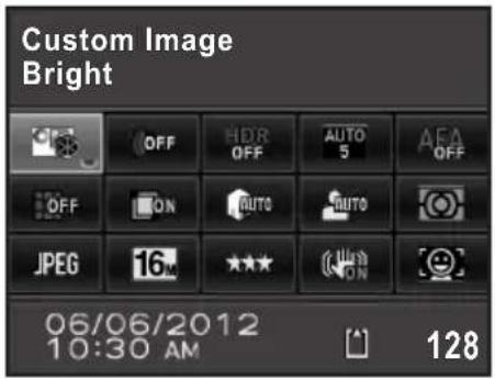 Custom Image Bright OFF HDR OFF AUTO 5 AFA OFF OFF ON AUTO AUTO JPEG 16 ★★★ Zoom ON 06/06/2012 10:30 AM 128