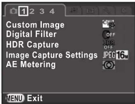 Custom Image Digital Filter HDR Capture Image Capture Settings AE Metering OFF HDR OFF JPEG 16m MENU Exit